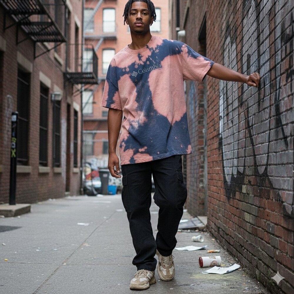 🎨 Columbia Bleach Dye Custom T-Shirt - Blue & Pink/Peach | Size 2XL 👕